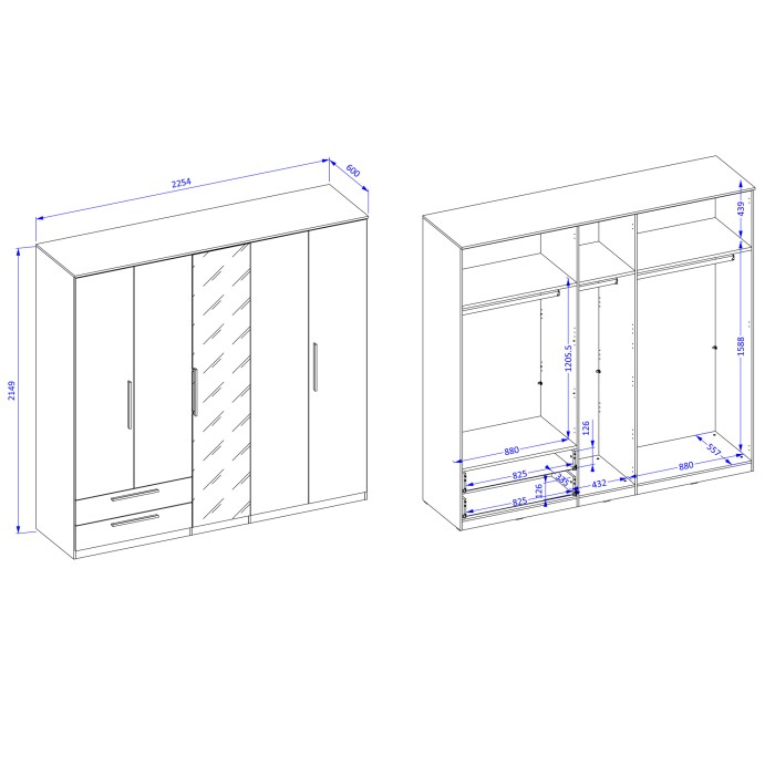 Armario BOMBAY – 5 puertas 2 cajones – efecto pizarra – con espejo y iluminación LED integrada