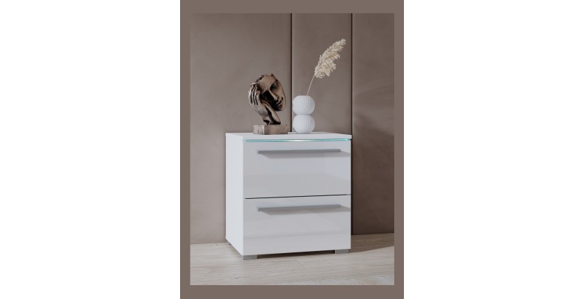 Table de chevet BOMBAY – Blanc – 2 tiroirs – Éclairage LED multicolore – Design moderne