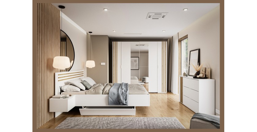Armoire FLORENCE – Blanc et chêne – 2 portes coulissantes + 2 battantes – L218 cm – 10 étagères