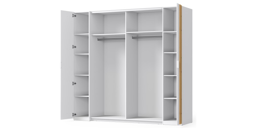 Armoire FLORENCE – Blanc et chêne – 2 portes coulissantes + 2 battantes – L218 cm – 10 étagères