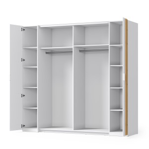 Armoire FLORENCE – Blanc et chêne – 2 portes coulissantes + 2 battantes – L218 cm – 10 étagères