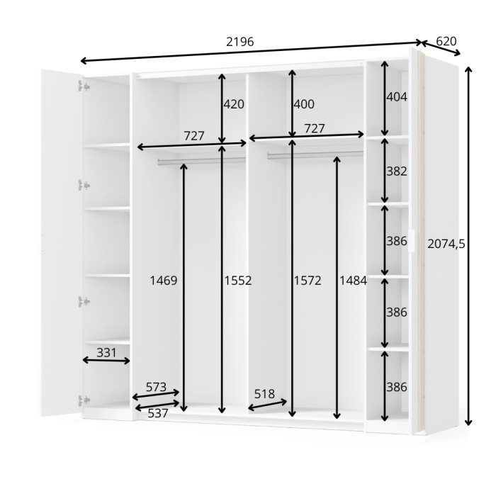 Armadio FLORENCE – Bianco e quercia – 2 porte scorrevoli + 2 a battente – L218 cm – 10 ripiani