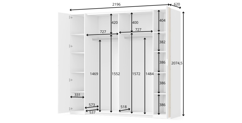 Armoire FLORENCE – Blanc et chêne – 2 portes coulissantes + 2 battantes – L218 cm – 10 étagères