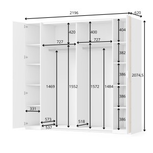 Armoire FLORENCE – Blanc et chêne – 2 portes coulissantes + 2 battantes – L218 cm – 10 étagères