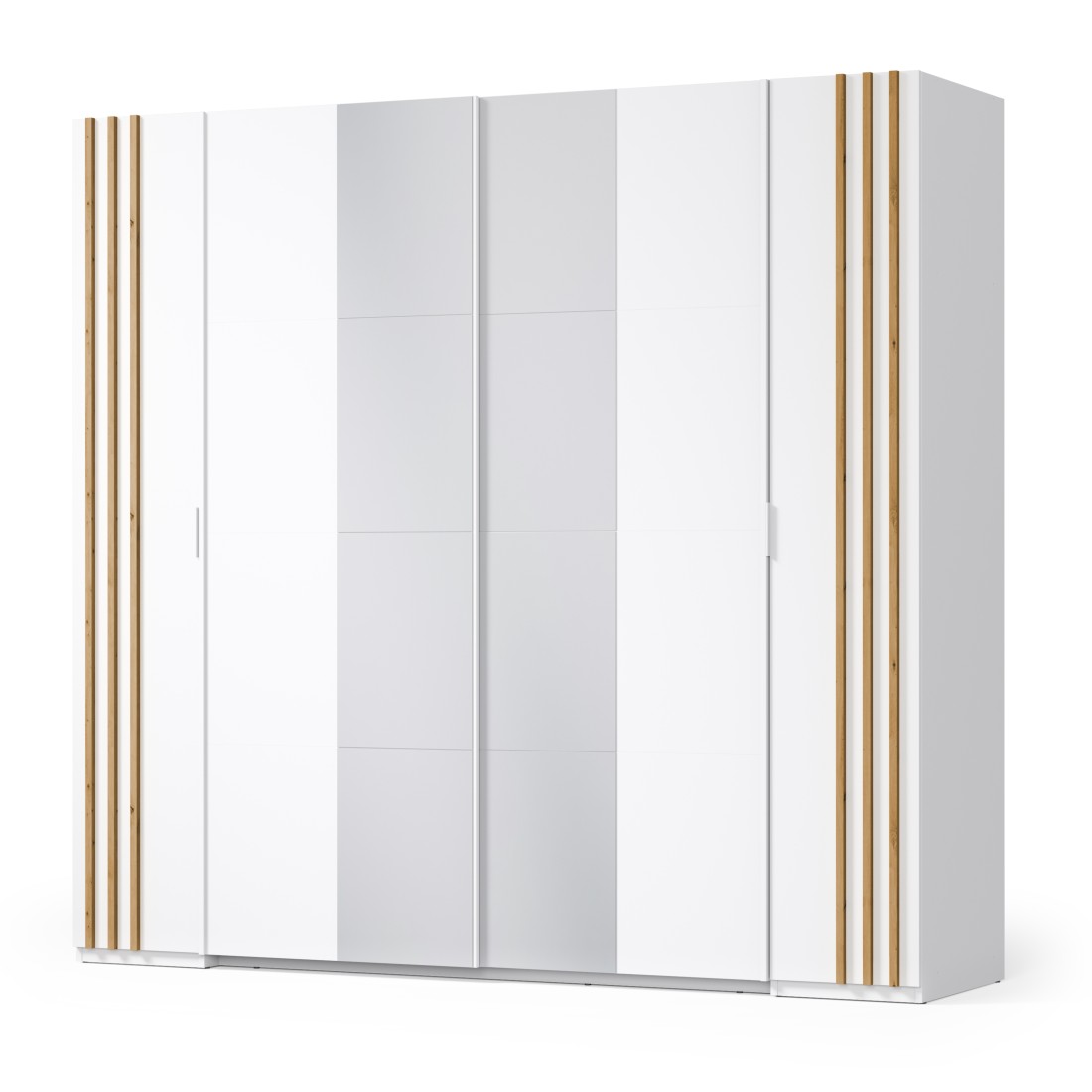 Armoire FLORENCE – Blanc et chêne – 2 portes coulissantes + 2 battantes – L218 cm – 10 étagères