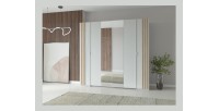 Armoire FLORENCE – Blanc et chêne – 2 portes coulissantes + 2 battantes – L218 cm – 10 étagères