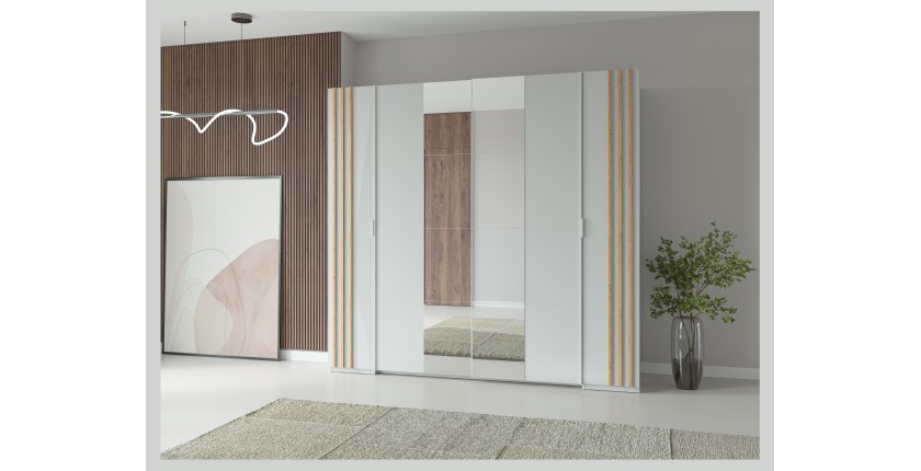 Armoire FLORENCE – Blanc et chêne – 2 portes coulissantes + 2 battantes – L218 cm – 10 étagères
