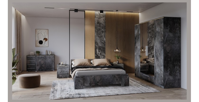 Tavolino da notte BOMBAY – Ardesia – 2 cassetti – Illuminazione LED multicolore – Design contemporaneo