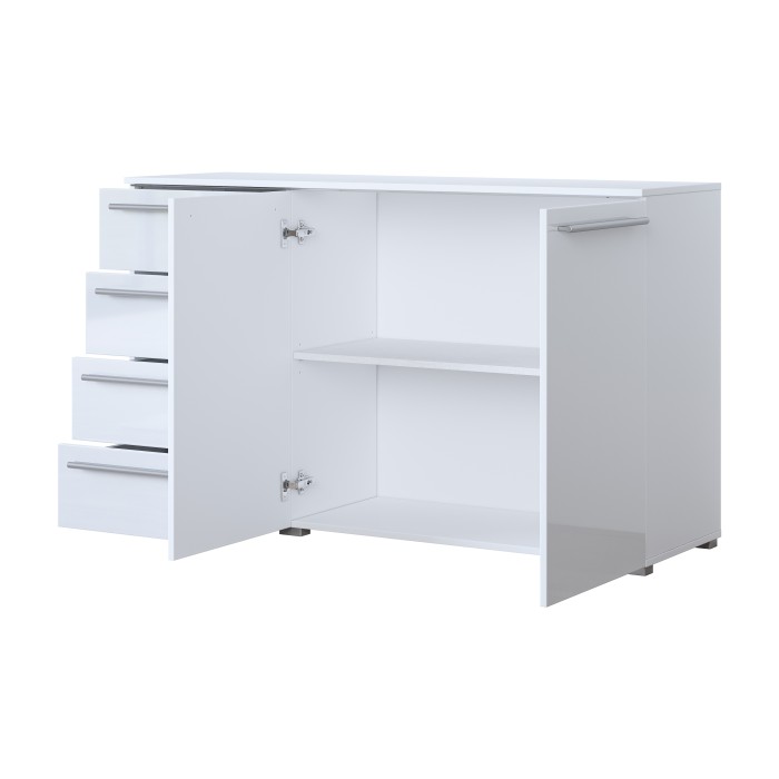 Commode BOMBAY – Blanc brillant – 4 tiroirs et 2 portes – Éclairage LED multicolore