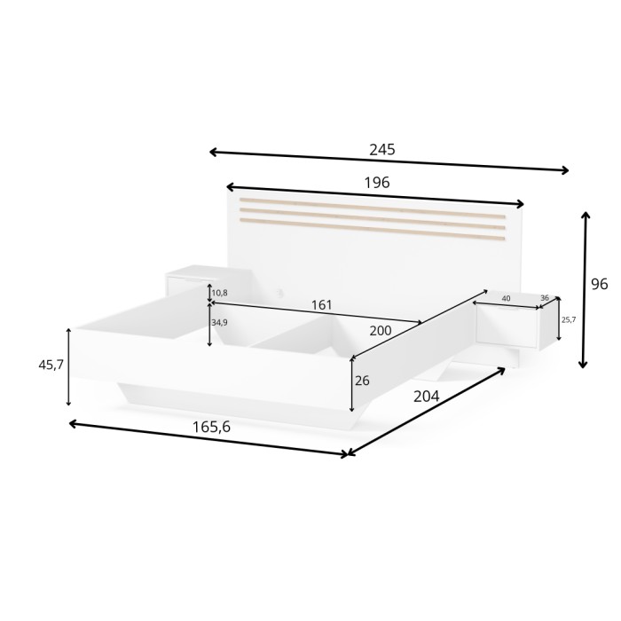 Bett FLORENCE – Weiß und Eiche – 160x200 cm – Mit integrierten Nachttischen – Lattenrost und Schubladen nicht enthalten