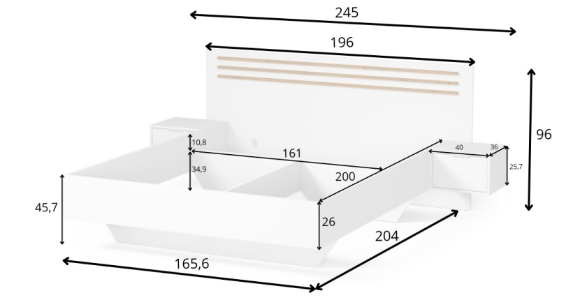 Bed FLORENCE – Wit en eiken – 160x200 cm – Met geïntegreerde nachtkastjes – Lattenbodem en lades niet inbegrepen