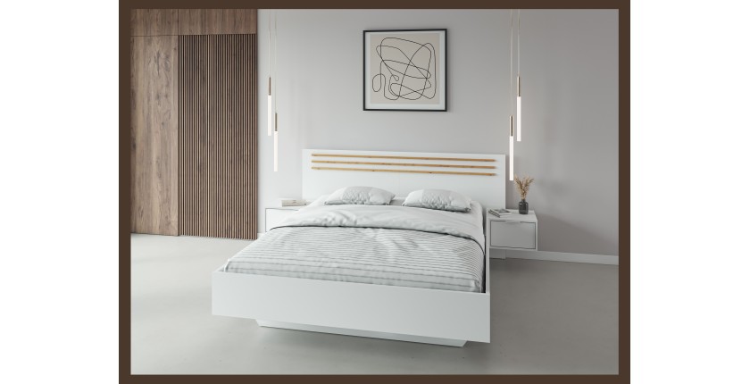 Bed FLORENCE – Wit en eiken – 160x200 cm – Met geïntegreerde nachtkastjes – Lattenbodem en lades niet inbegrepen