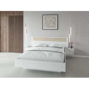 Bed FLORENCE – Wit en eiken – 160x200 cm – Met geïntegreerde nachtkastjes – Lattenbodem en lades niet inbegrepen