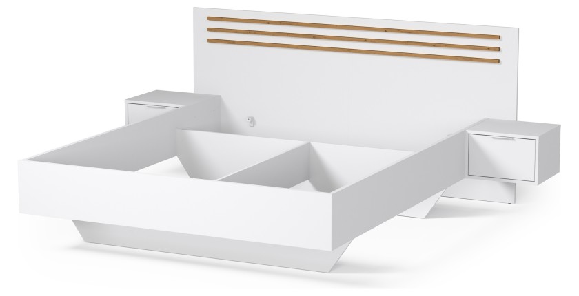 Bed FLORENCE – Wit en eiken – 160x200 cm – Met geïntegreerde nachtkastjes – Lattenbodem en lades niet inbegrepen