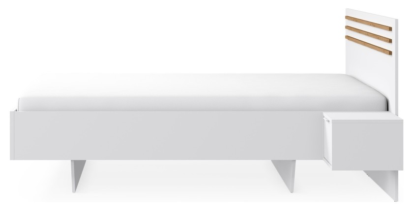 Bed FLORENCE – Wit en eiken – 160x200 cm – Met geïntegreerde nachtkastjes – Lattenbodem en lades niet inbegrepen