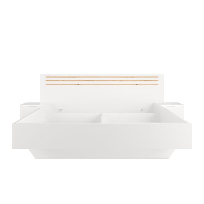 Bed FLORENCE – Wit en eiken – 160x200 cm – Met geïntegreerde nachtkastjes – Lattenbodem en lades niet inbegrepen
