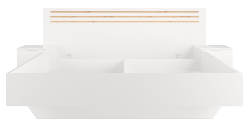 Bed FLORENCE – Wit en eiken – 160x200 cm – Met geïntegreerde nachtkastjes – Lattenbodem en lades niet inbegrepen
