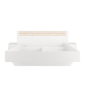 Bed FLORENCE – Wit en eiken – 160x200 cm – Met geïntegreerde nachtkastjes – Lattenbodem en lades niet inbegrepen