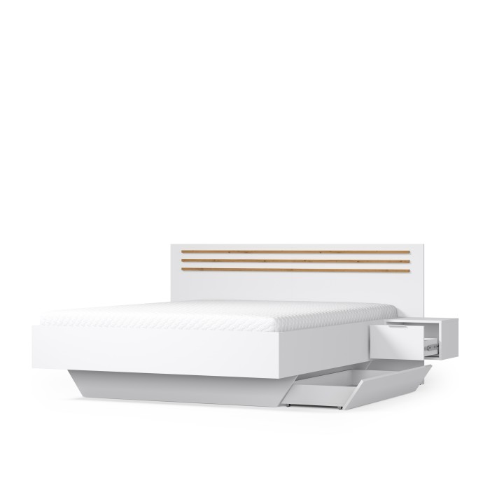 Bed FLORENCE – Wit en eiken – 160x200 cm – Met geïntegreerde nachtkastjes – Lattenbodem en lades niet inbegrepen