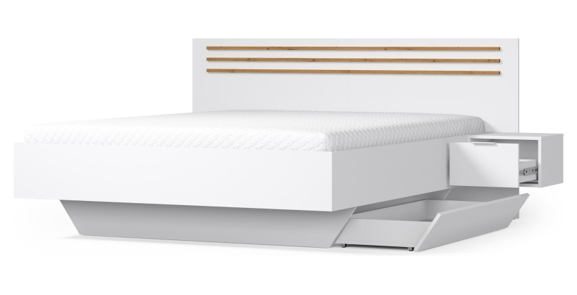 Bed FLORENCE – Wit en eiken – 160x200 cm – Met geïntegreerde nachtkastjes – Lattenbodem en lades niet inbegrepen