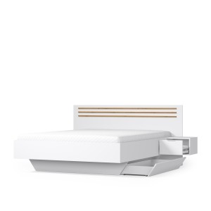 Bed FLORENCE – Wit en eiken – 160x200 cm – Met geïntegreerde nachtkastjes – Lattenbodem en lades niet inbegrepen
