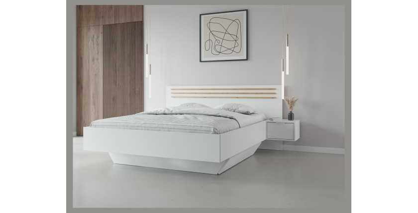 Bed FLORENCE – Wit en eiken – 160x200 cm – Met geïntegreerde nachtkastjes – Lattenbodem en lades niet inbegrepen