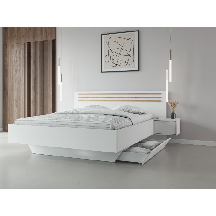 Bett FLORENCE – Weiß und Eiche – 160x200 cm – Mit integrierten Nachttischen – Lattenrost und Schubladen nicht enthalten