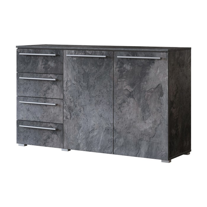 Commode BOMBAY – 135 cm – Effet ardoise – 2 portes 4 tiroirs – Éclairage LED multicolore
