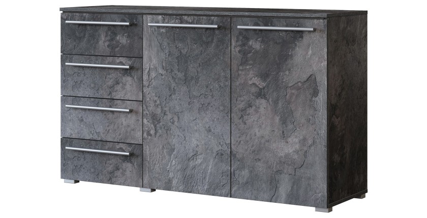 Dressoir BOMBAY – 135 cm – Leisteen effect – 2 deuren 4 laden – Multikleurige LED-verlichting