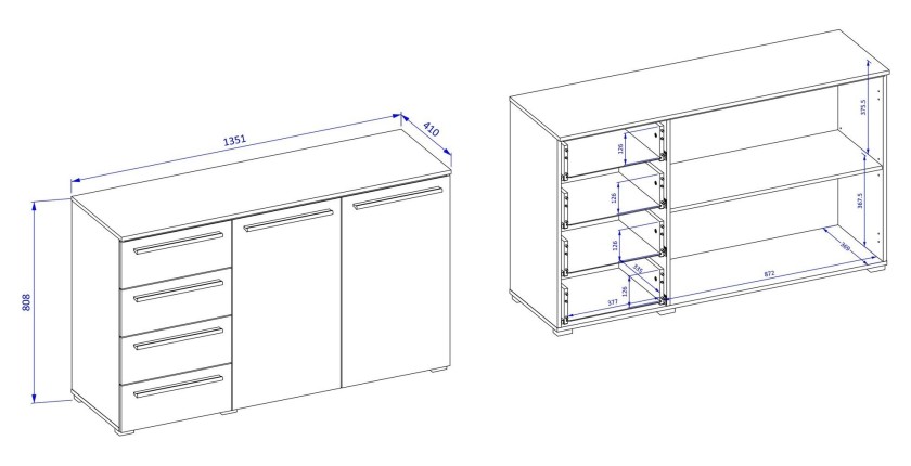 Dressoir BOMBAY – 135 cm – Leisteen effect – 2 deuren 4 laden – Multikleurige LED-verlichting