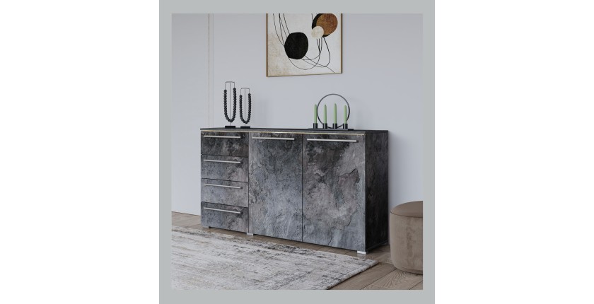 Commode BOMBAY – 135 cm – Effet ardoise – 2 portes 4 tiroirs – Éclairage LED multicolore