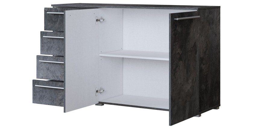 Dressoir BOMBAY – 135 cm – Leisteen effect – 2 deuren 4 laden – Multikleurige LED-verlichting