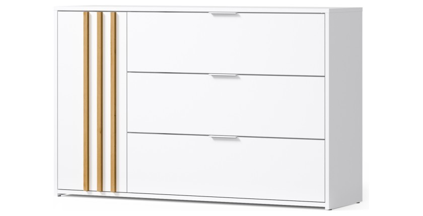 Commode FLORENCE – Blanc et chêne – 1 porte + 3 tiroirs – Soft Close – Design contemporain