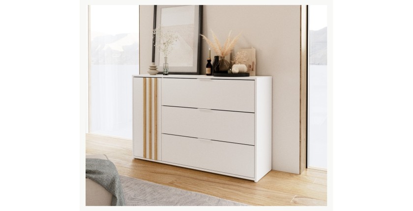 Commode FLORENCE – Blanc et chêne – 1 porte + 3 tiroirs – Soft Close – Design contemporain