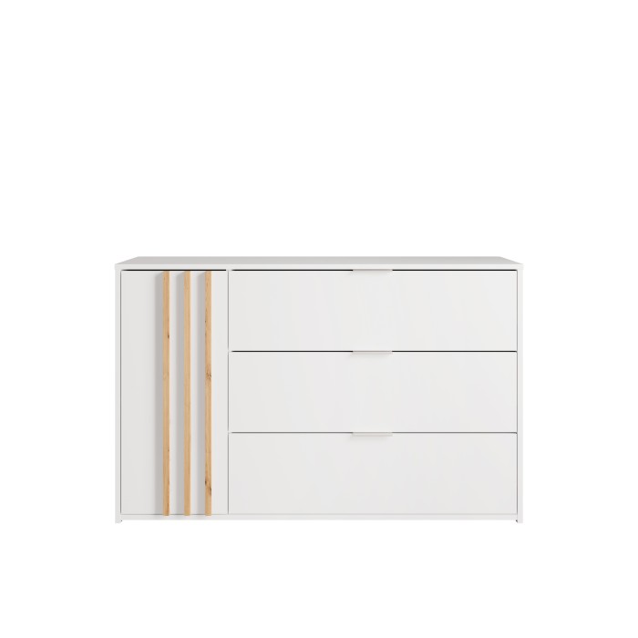Comò FLORENCE – Bianco e quercia – 1 porta + 3 cassetti – Chiusura ammortizzata – Design contemporaneo