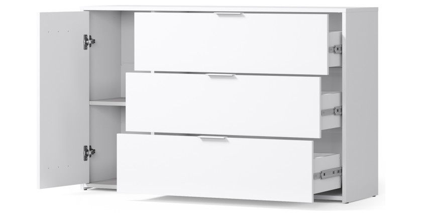 Commode FLORENCE – Blanc et chêne – 1 porte + 3 tiroirs – Soft Close – Design contemporain