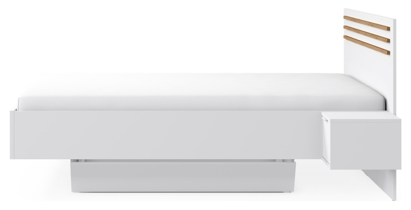 Pack lit FLORENCE – 160x200 cm – Avec sommier + 2 tiroirs – Chevets intégrés – Blanc et chêne