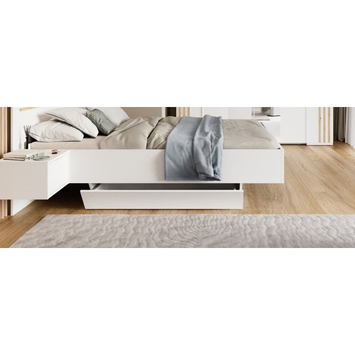 Pack letto FLORENCE – 180x200 cm – Con rete + 2 cassetti – Comodini integrati – Bianco e rovere