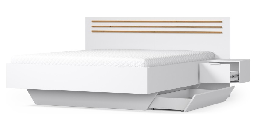 Pack lit FLORENCE – 180x200 cm – Avec sommier + 2 tiroirs – Chevets intégrés – Blanc et chêne