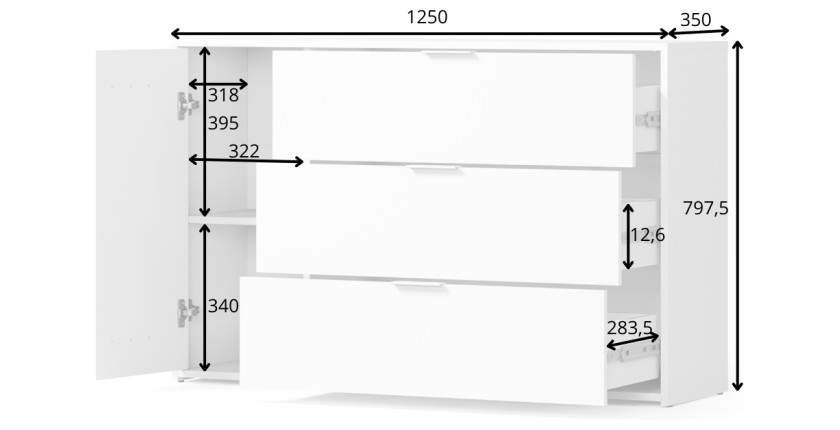 Chambre complète FLORENCE – Lit 160x200 + sommier + tiroirs + armoire + commode – Blanc et chêne