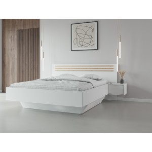 Chambre complète FLORENCE – Lit 160x200 + sommier + tiroirs + armoire + commode – Blanc et chêne