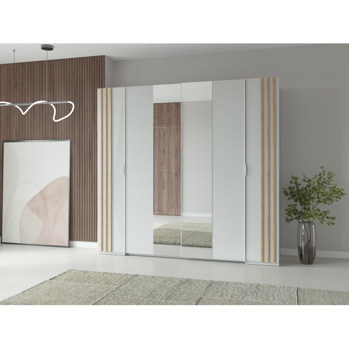 Camera completa FLORENCE – Letto 160x200 + rete + cassetti + armadio + cassettiera – Bianco e rovere