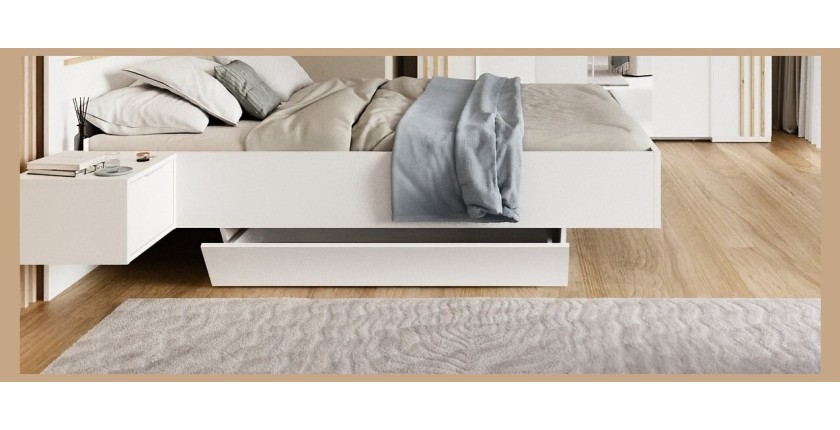 Chambre complète FLORENCE – Lit 160x200 + sommier + tiroirs + armoire + commode – Blanc et chêne