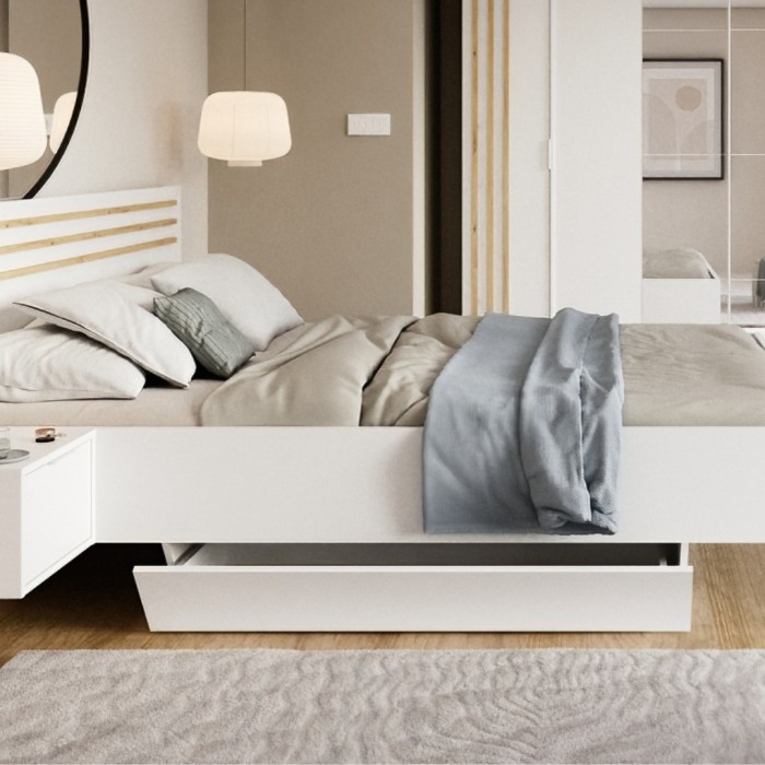 Camera completa FLORENCE – Letto 160x200 + rete + cassetti + armadio + cassettiera – Bianco e rovere