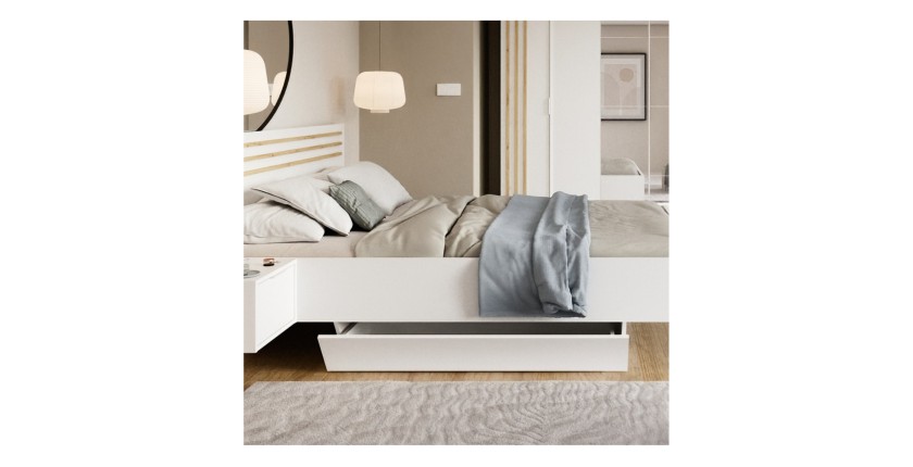 Chambre complète FLORENCE – Lit 160x200 + sommier + tiroirs + armoire + commode – Blanc et chêne