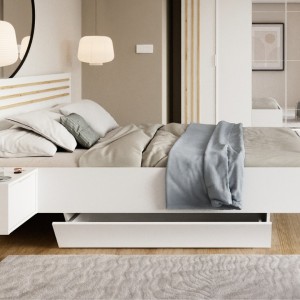 Chambre complète FLORENCE – Lit 160x200 + sommier + tiroirs + armoire + commode – Blanc et chêne
