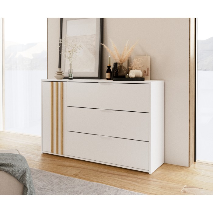 Camera completa FLORENCE – Letto 180x200 + rete + cassetti + armadio + cassettiera – Bianco e quercia