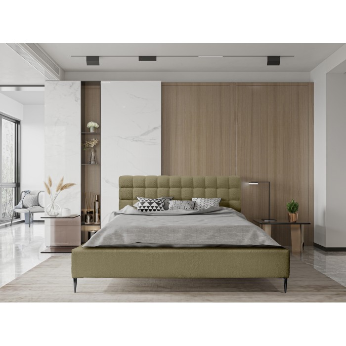 Bett MILLIO – Khaki – 160x200 cm – Bouclé-Chenille-Stoff – Lattenrost inklusive – 5-Sterne-Hotelkomfort