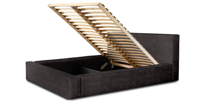 Bed met opbergruimte DENALI – Antracietgrijs – 140x200 cm – Zacht fluwelen stof – Opklapbare lattenbodem – Geïntegreerde opbergr