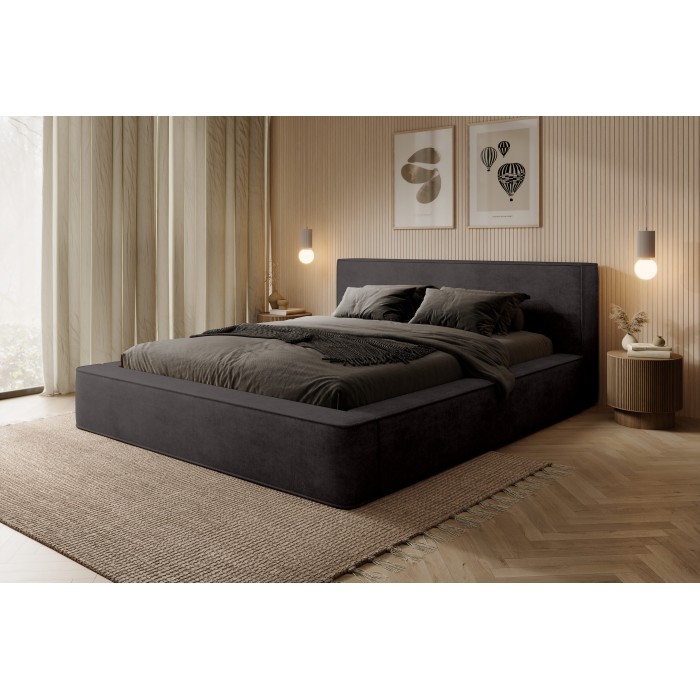 Bed met opbergruimte VELORA – Antracietgrijs – 140x200 cm – Zacht fluwelen stof – Verstelbare lattenbodem – Geïntegreerde opslag